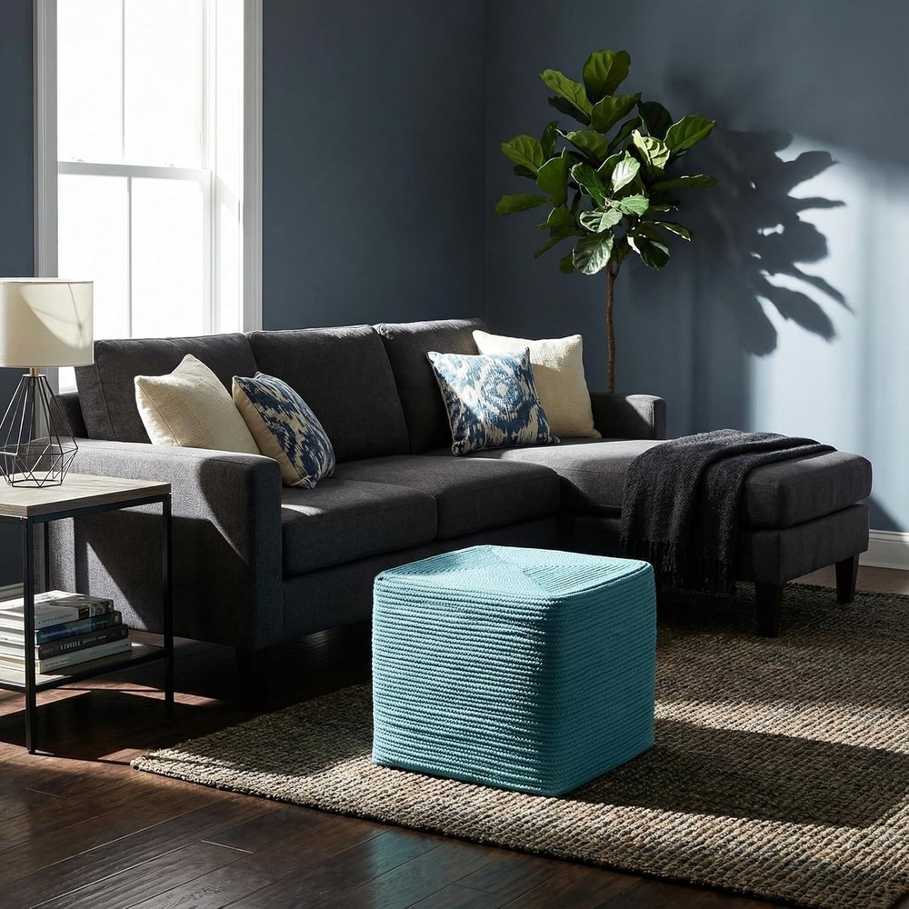Macon Square Rope Pouf Ottoman Aqua