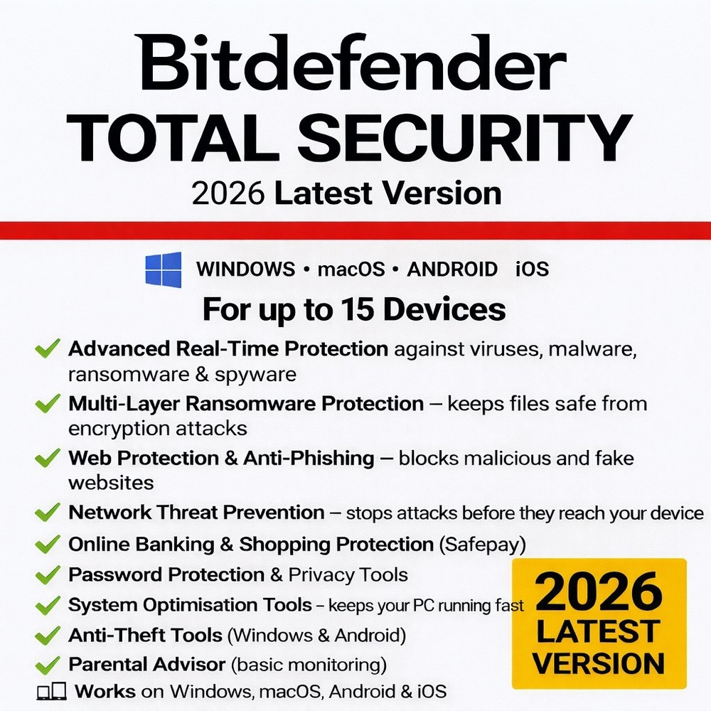 Bitdefender Total Security 2026  3 Years 15 Devices + Daily VPN