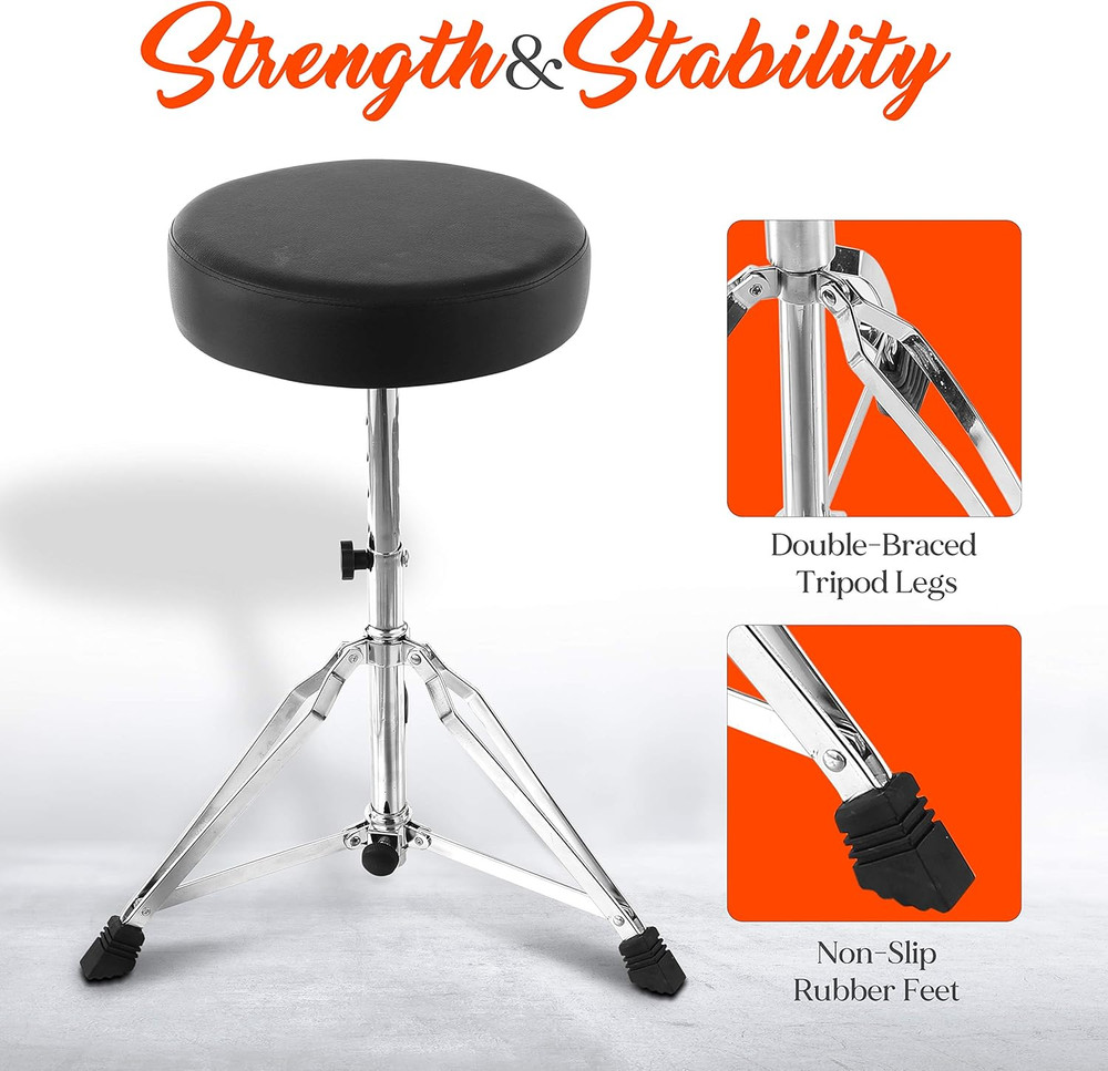Adjustable Drum Throne Stool - Portable with Double-Braced Tripod Legs, Foam-Cus