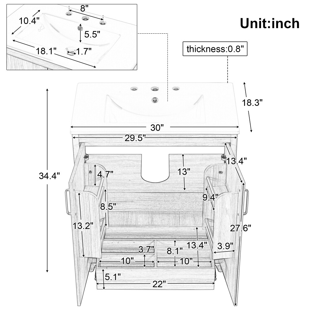 30"Multi-functional Bathroom Vanity with Sink Combo and Doors and Drawer Natural