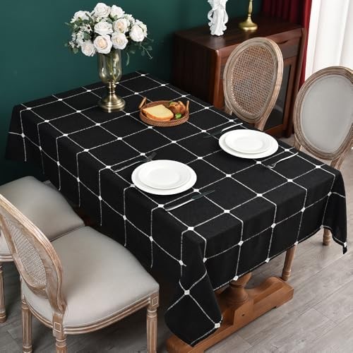 Linen Table Cloth Black Christmas 120" x 53" (Rectangular) Plaid Black