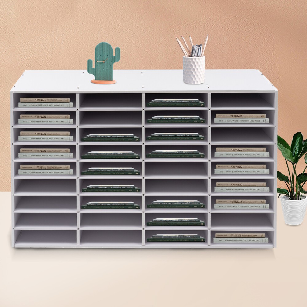 36-Compartment Literature Organizer, Durable Adjustable File Sorter, White