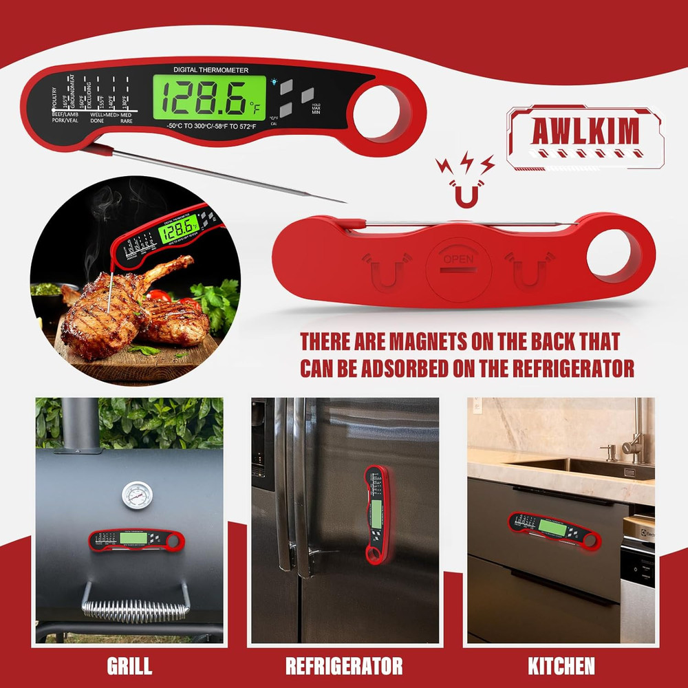 2 Pack Fast Instant Read Meat Thermometer with Backlight - Waterproof Digital Fo