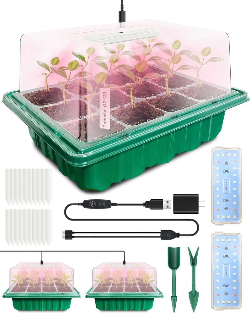 Seed Starter Tray with Grow Light (2x 24-LED), 2 Pack Seed Starter Kit with H...