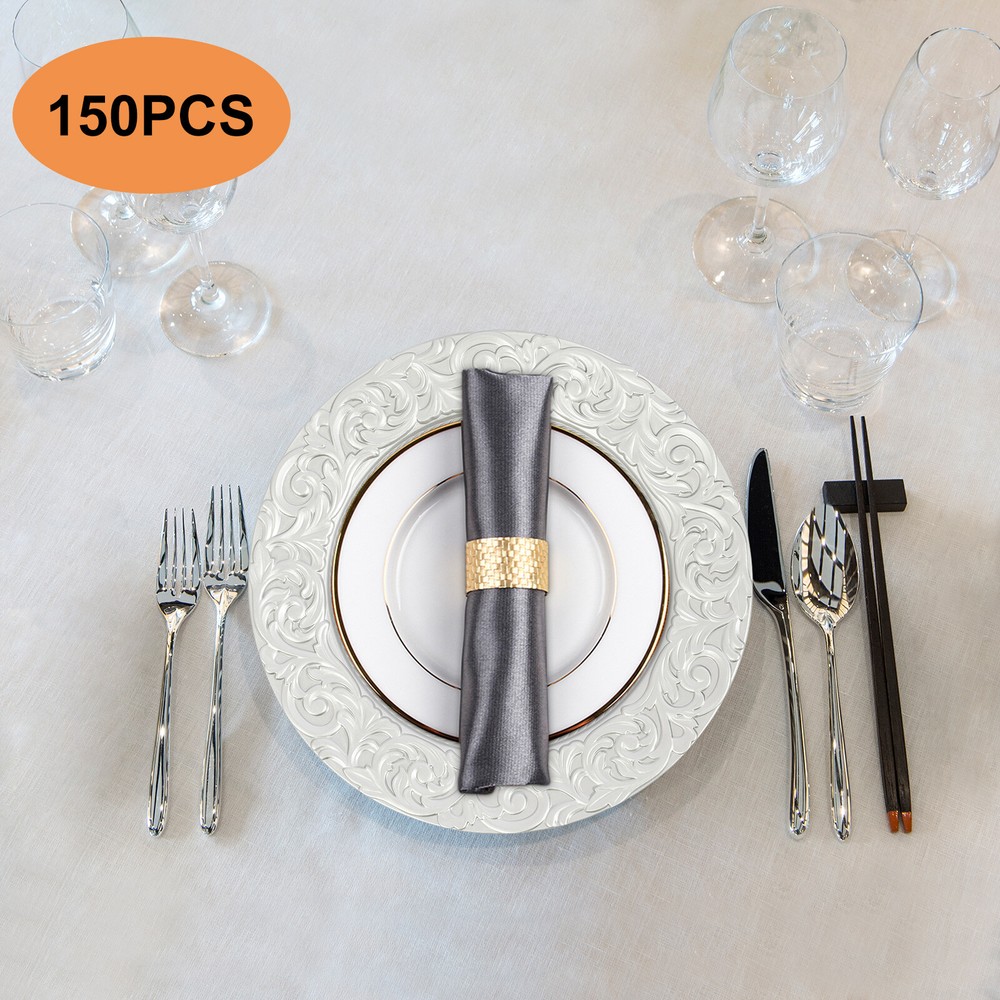 150pcs Silver Round Plates Set, Elegant Design, Reusable for Events