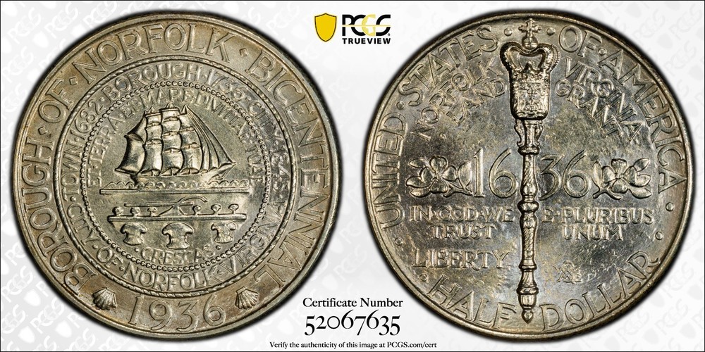 1936 NORFOLK COMMEMORATIVE HALF DOLLAR PCGS MS67