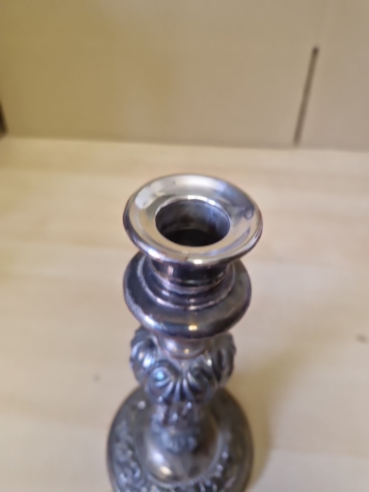 Antique Weighted Silverplate on Copper Candlestick Embossed Pattern 25cm Tall