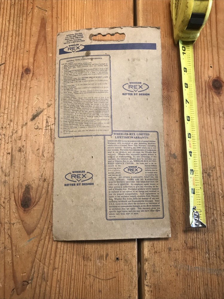 WHEELER REX MODEL 290 Pipe Working Tool Ashtabula Ohio USA NIB