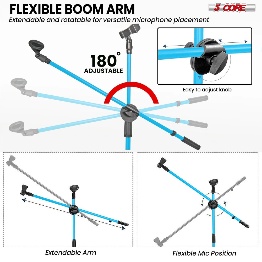 5 Core Microphone Stand Floor Height Adjustable w Extending Telescoping Boom Arm