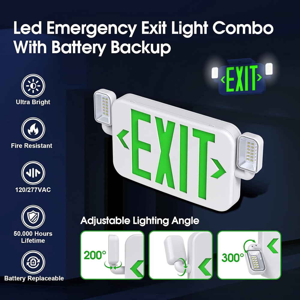 Led Combo Emergency Exit Sign Light with Two Adjustable Head Lights and Backup B