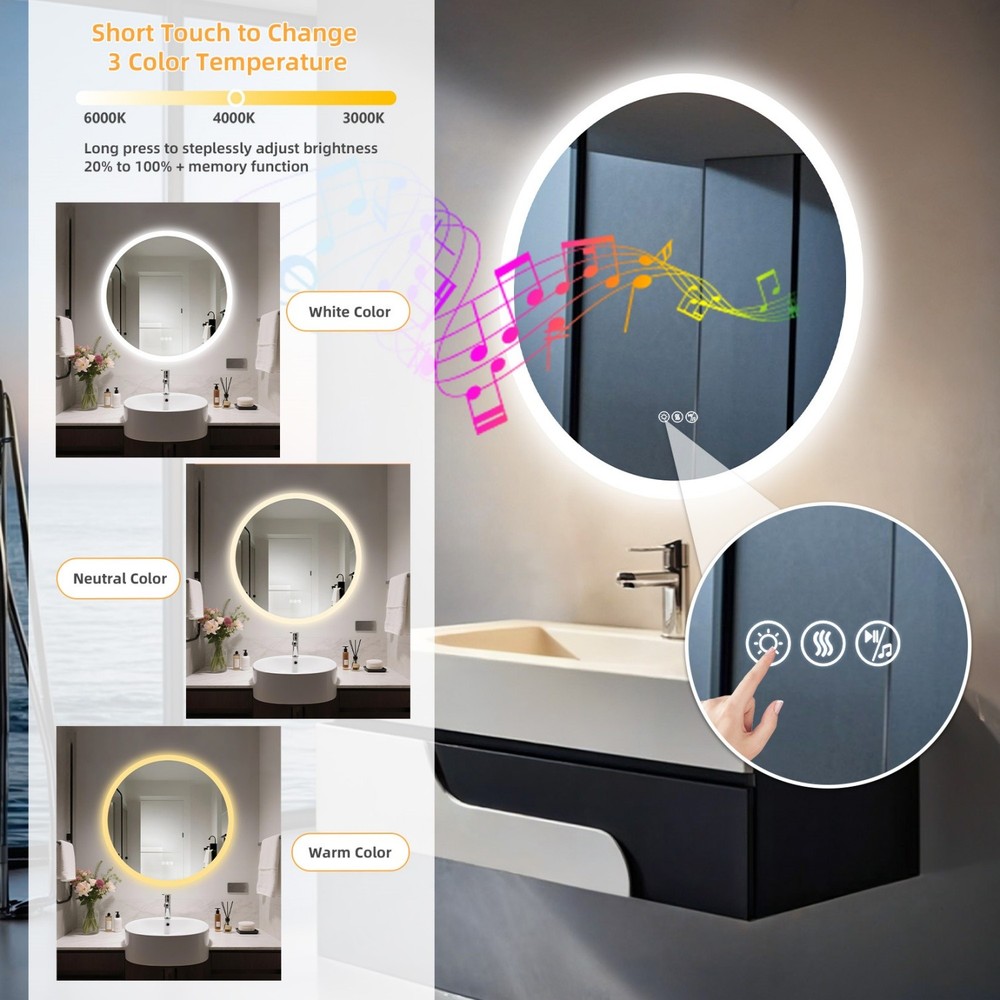32” LED Bathroom Mirror Built-in Bluetooth Speaker Backlight Wall Vanity Mirror