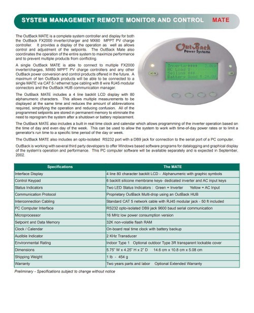 Outback Power MATE System Display and Controller