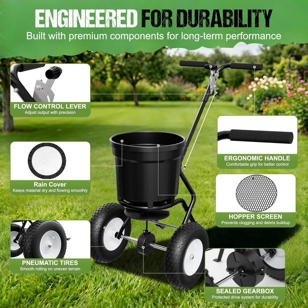 Fertilizer Spreader 50LB Capacity, Walk-Behind Push Broadcast Spreader with Hopp