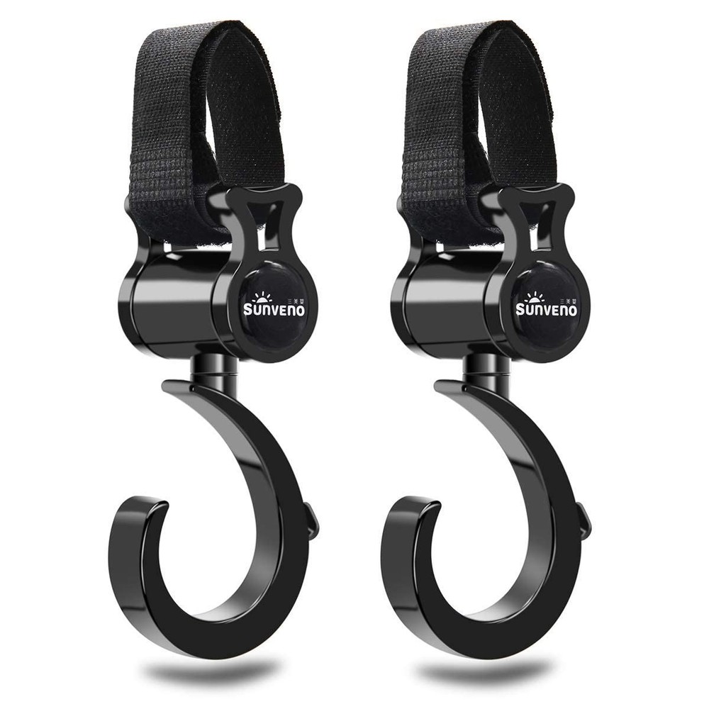 SUNVENO Stroller Hooks 2 Pack, 360° Rotating Universal 2 Black