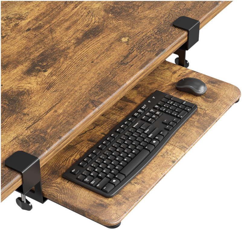 Under Desk Keyboard Tray, Pull-Out Platform with Clamp, Rustic Brown, 25.6x11.8"