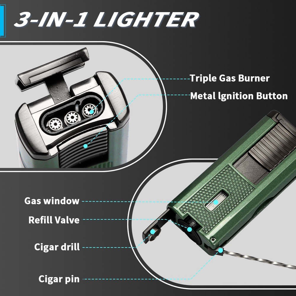 Lubinski Cigar Lighter Punch Drill Holder 3 Jet Flame Torch Lighter Needle Gray