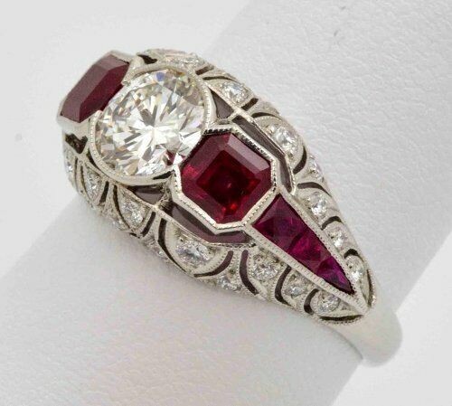 2.10 Ct Diamond & Ruby Art Deco Vintage Engagement Ring 925 Sterling Silver