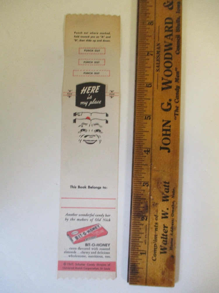 1947 Schutter Candy Co OLD NICK/Bit O Honey Candy Bar Advertising Bookmark