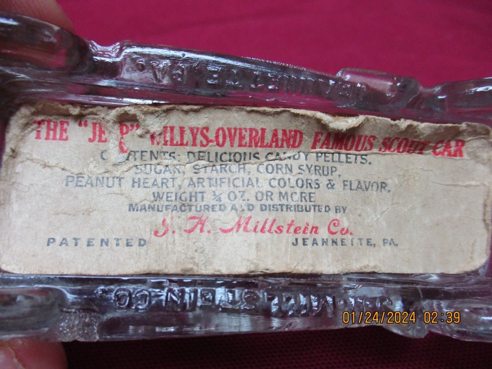 1940's Millstein, Jeep Willys Overland Scout Car, Candy Container, Original
