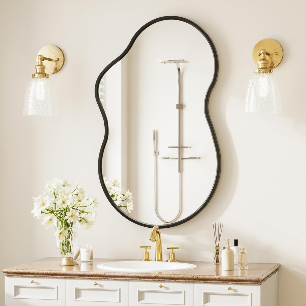 36”x 24” Irregular Wall Mirror, Black Mirrors for Over Sink, Framed Modern Ba...