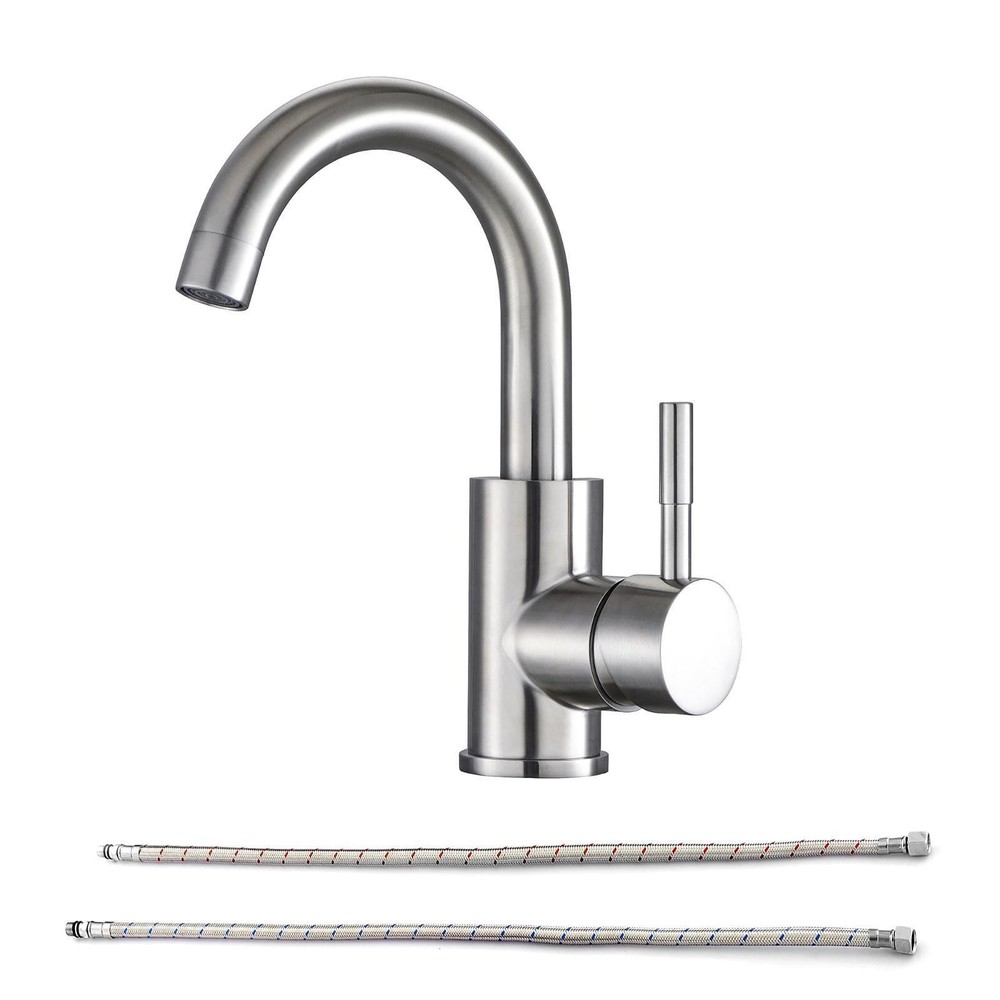 Modern Single Handle Bathroom Faucet, Solid Brass & Stainless Steel with Brushed