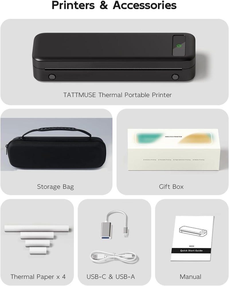 Inkless Bluetooth Thermal Printer with 4 Rolls Paper