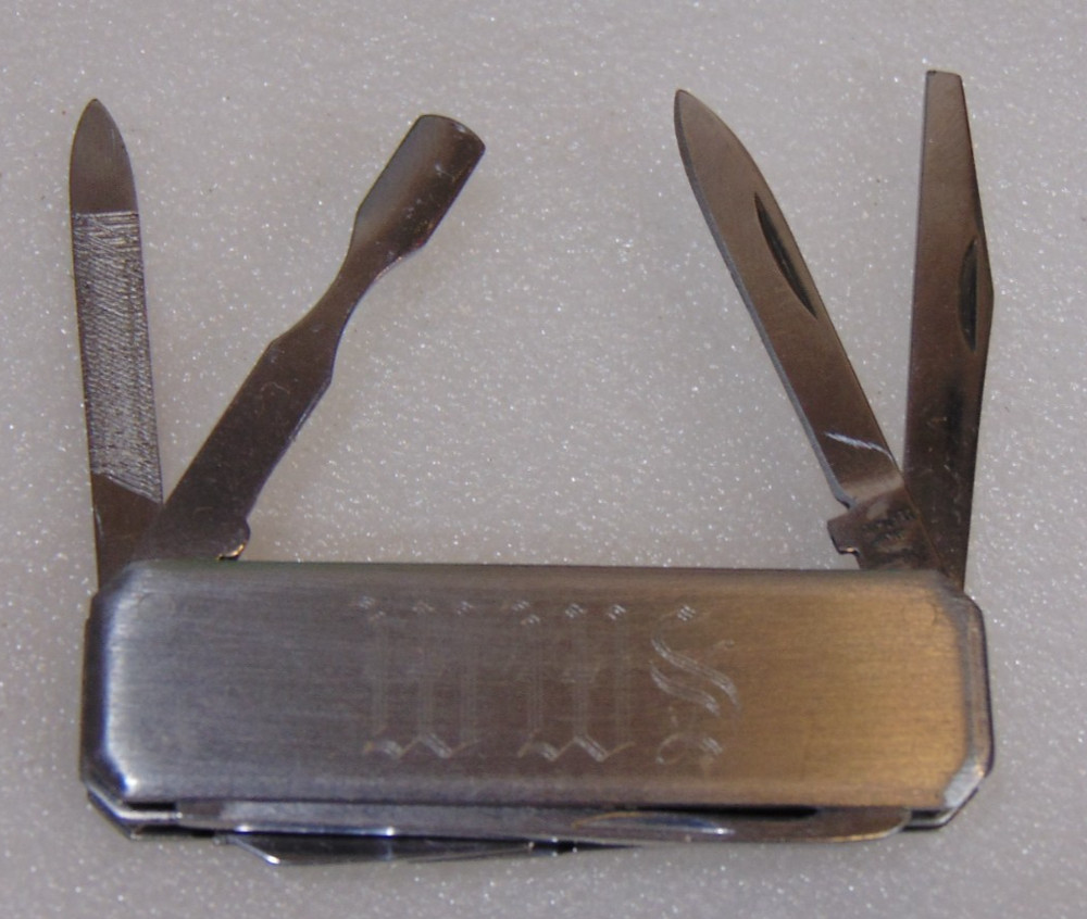 Personalized Vintage Multi Tool Pocket Knife WWS Initials Sheath Folding Scissor