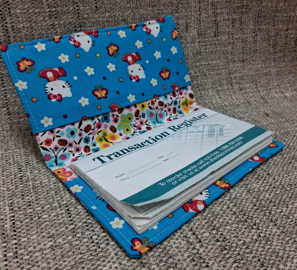 HELLO KITTY Blue Checkbook Cover Wallet Document Coupon Holder HAND Made Ready