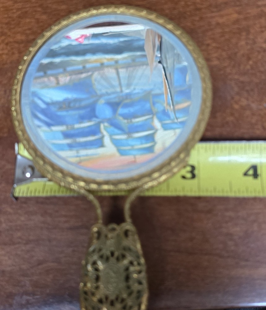 5½" Antique Miniature Two Sided Hand Mirror Brass 3¼" Wide
