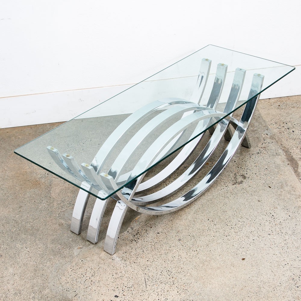 Mid Century Modern Coffee Table Chrome Glass Rectangular Vintage Sculptural Mcm