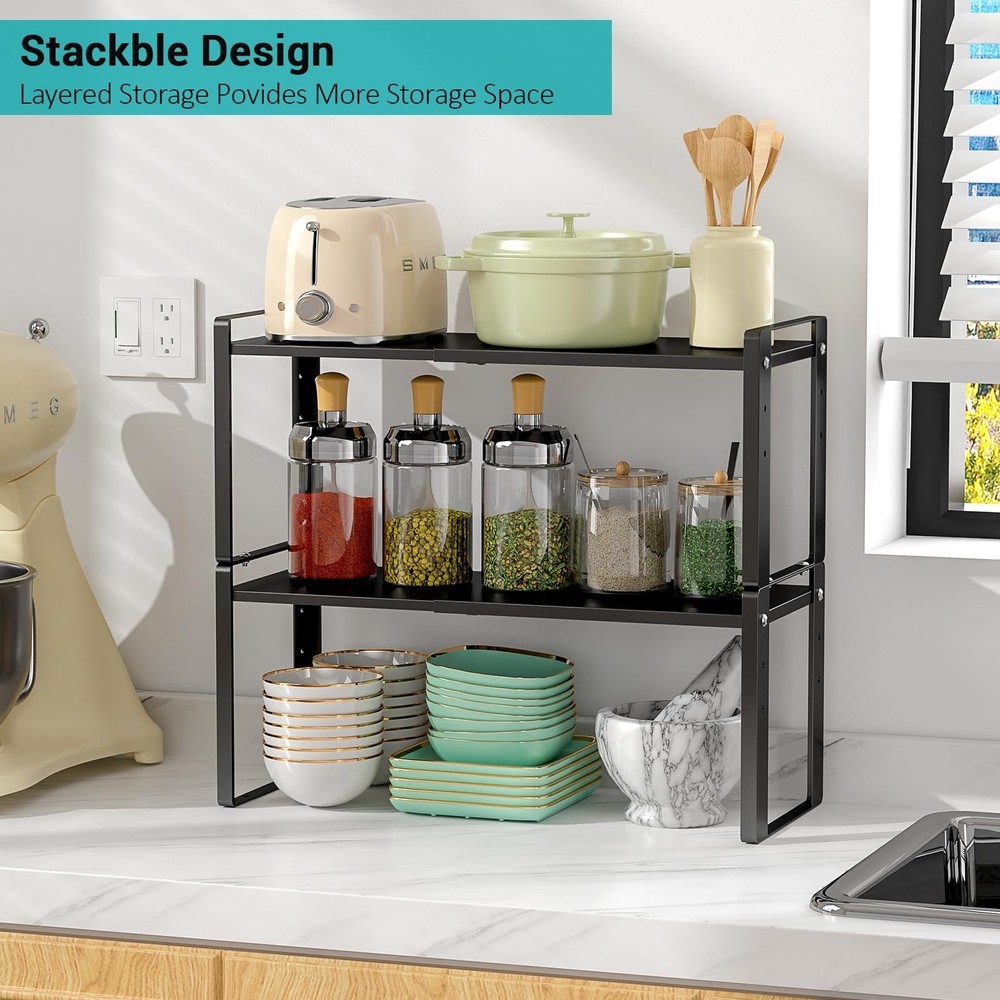 2 Pack Expandable Kitchen Cabinet Organizer Shelves, Stackable Heavy Duty Met...