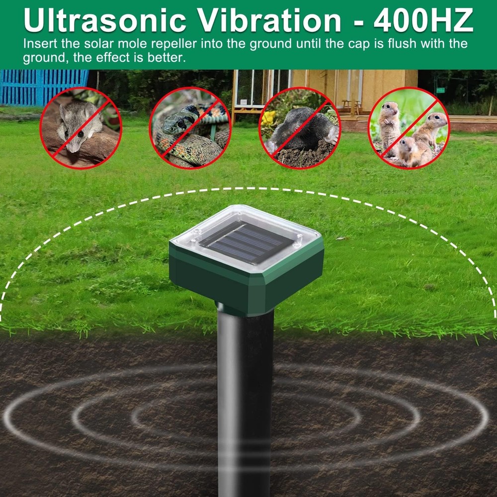 4 Pack Solar Mole Repellent Ultrasonic Vole Snake Gopher Deterrent Waterproof