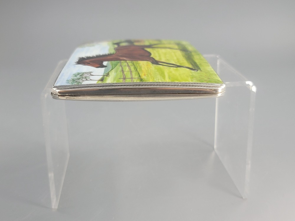 1917 Birmingham Sterling Silver Cigarette Case Enamel Horse Panel