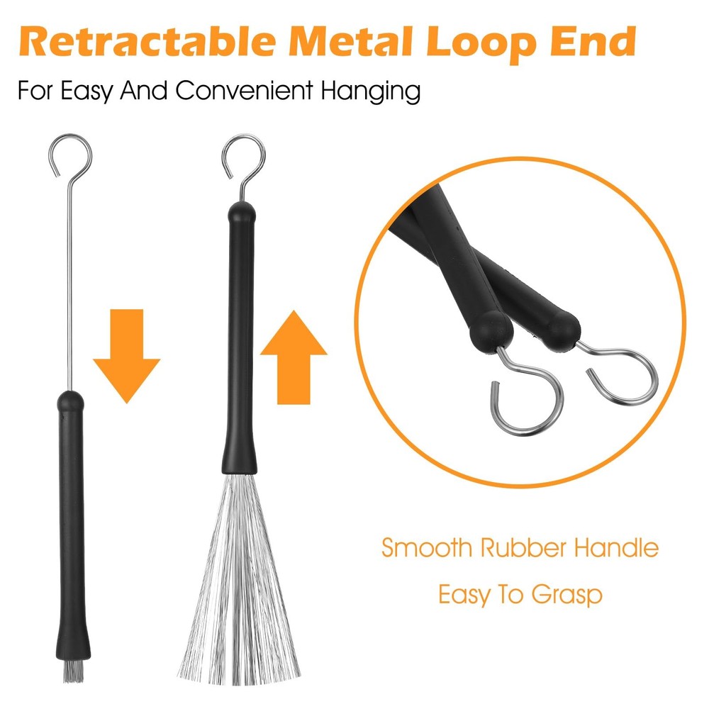 1 Pair Drum Brushes, Retractable Wire and Percussion Black Silver