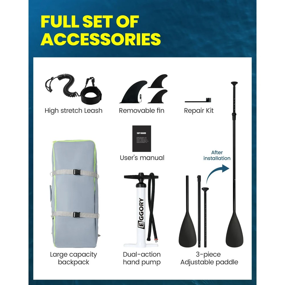 Eggory 11ft Inflatable Paddle Board SUP Set – Camera Mount, 420lb Cap, Bag Kit