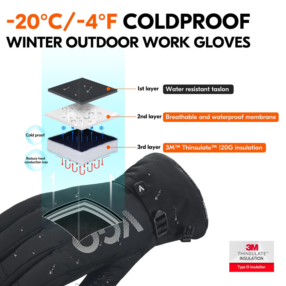 Vgo 1Pairs -4℉ Lined Touchscreen Waterproof Winter Work Gloves (SL7761FLWP-BLA)