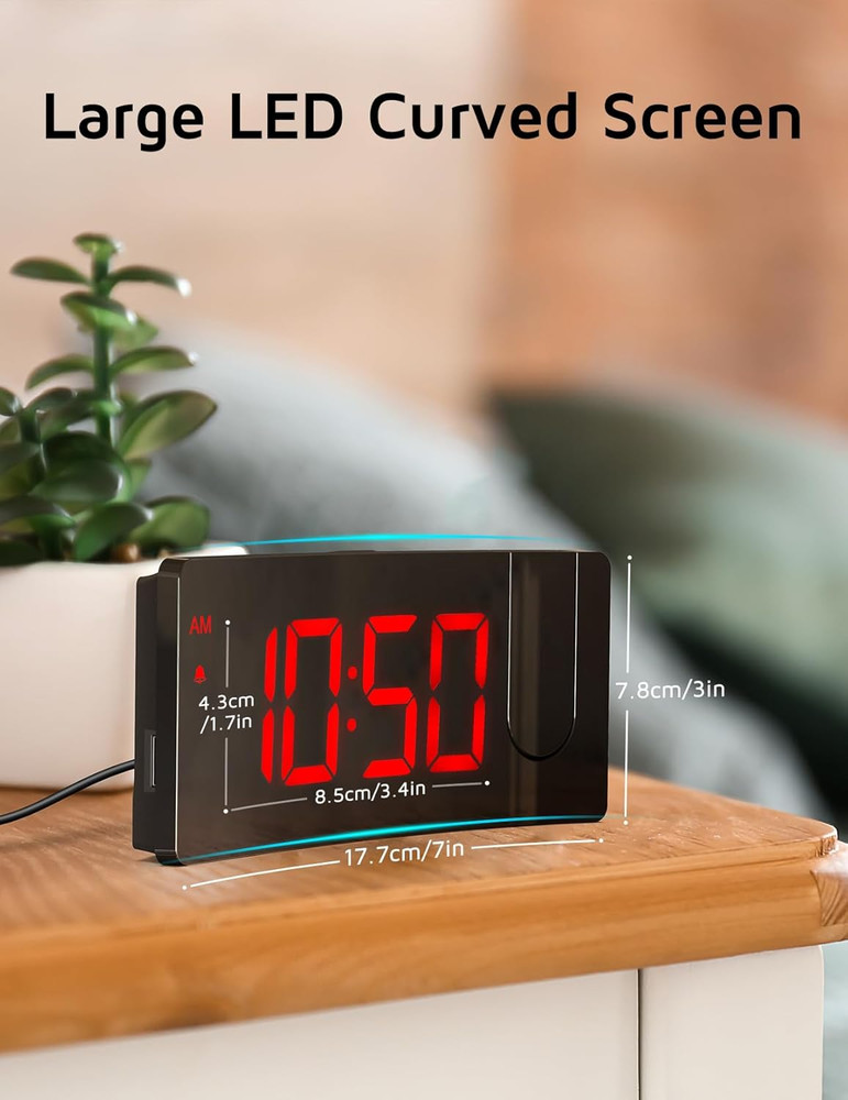 Projection Alarm Clock, Digital Clock with Modern Curved Design 180° Rotatable P