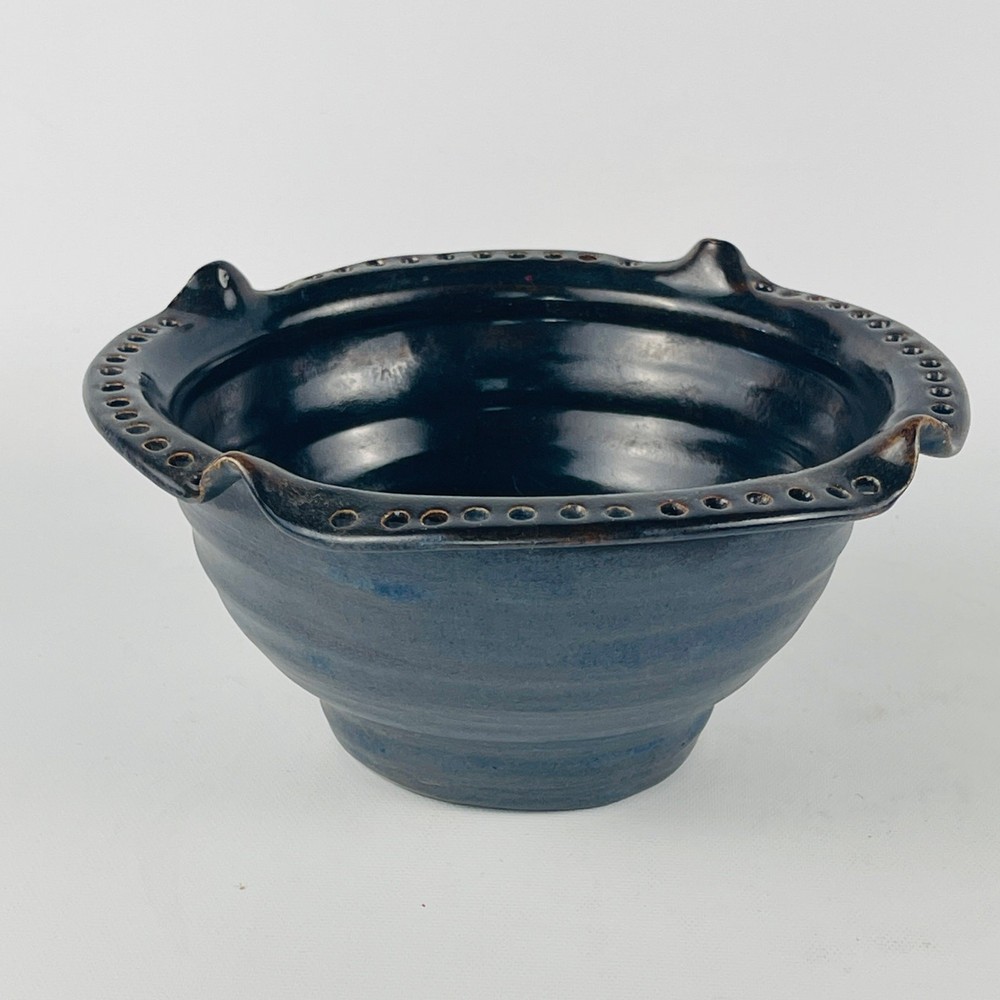 Handmade Unique Pottery Bowl Blue Black 7” Signed
