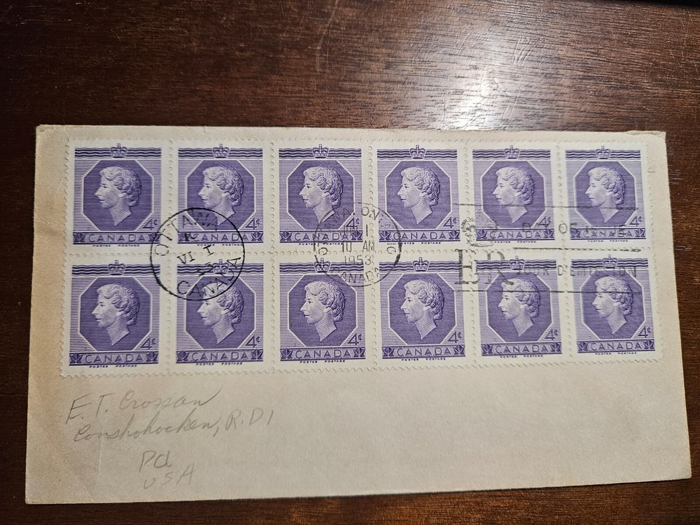 1953 Canada 4 cent stamps on envelope (12 stamps)