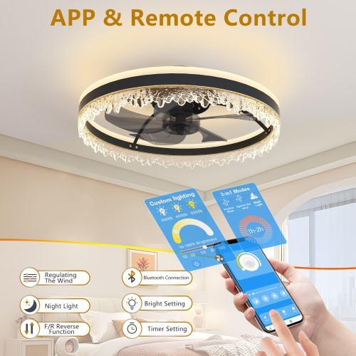 Ceiling fan 20-inch black smart ceiling fan light with silent function