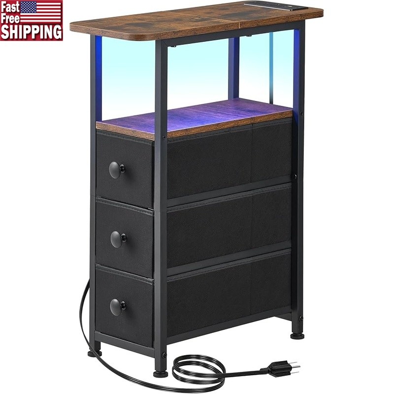 Narrow Side Table W/ Charging Station & LED Light Small Nightstand W/ Drawers US