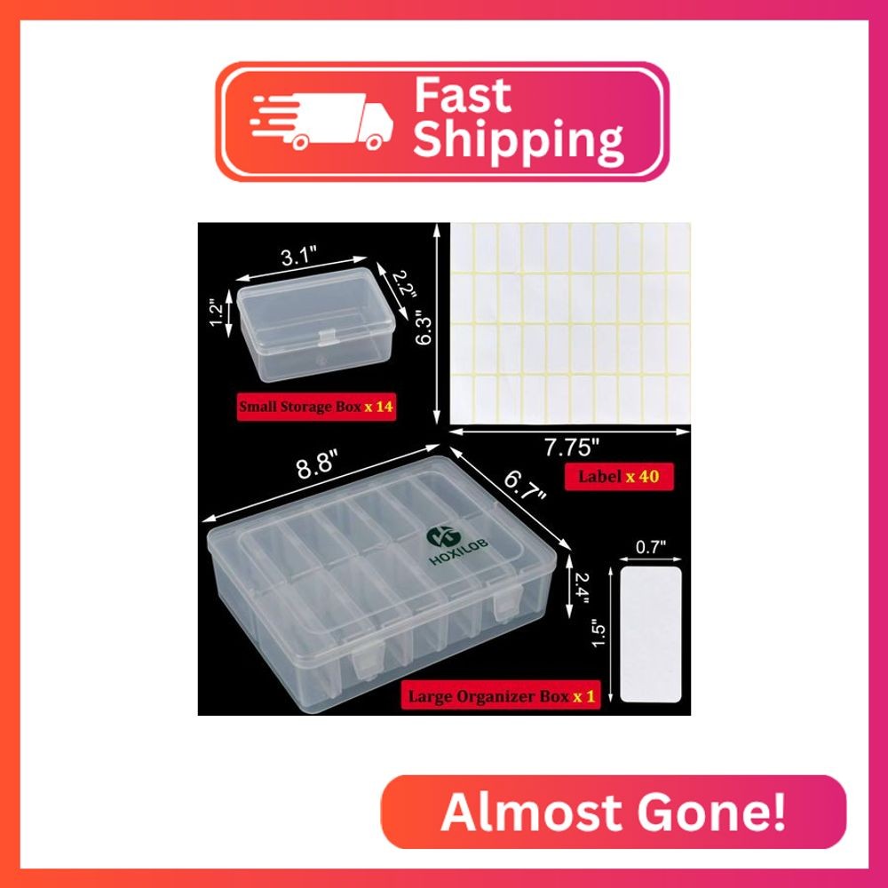 15pcs Bead Organizer Boxes, Medium Clear Plastic Storage Containers with Labels,