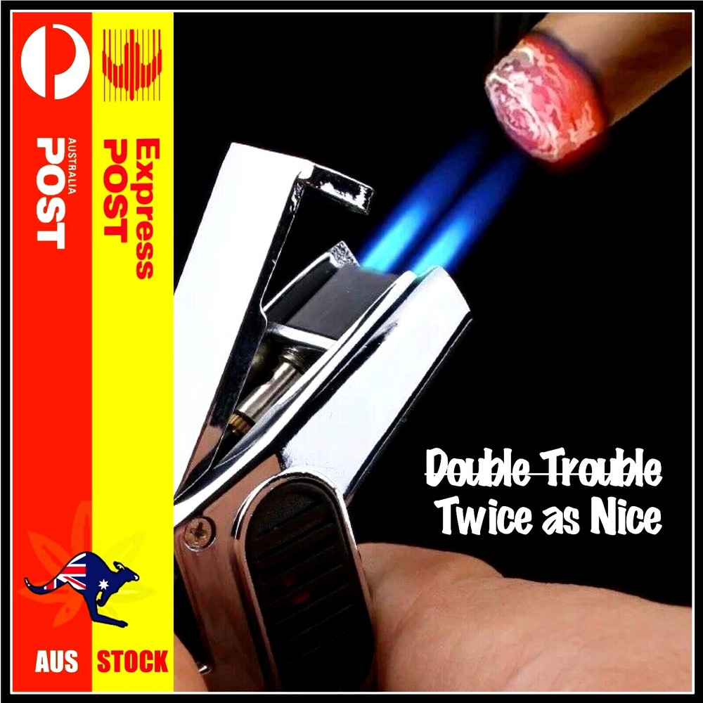 Double Flame Gun Jet Torch Lighter Windproof Cigar BBQ Torch Refillable - BLUE