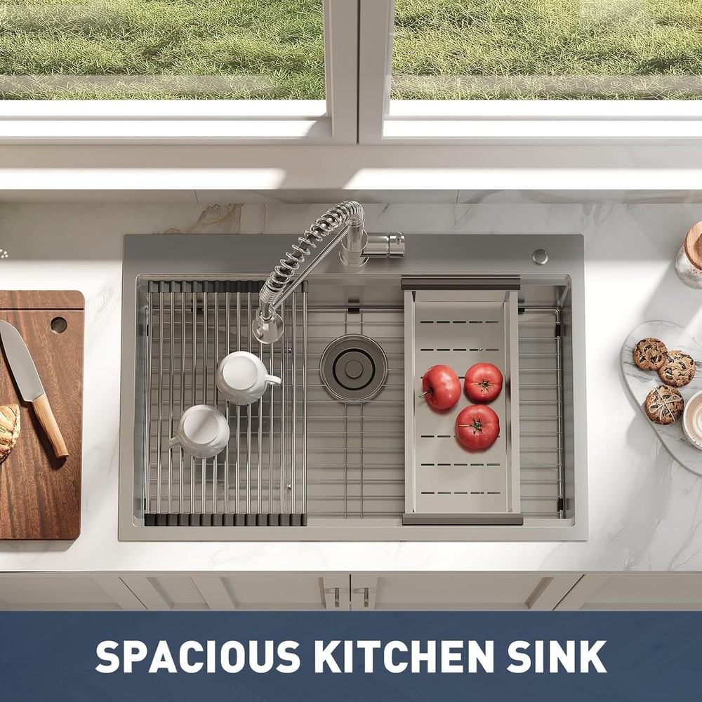 33x22x9 Inch Drop in Kitchen Sink Single Bowl Sink with Pull Down Spring Faucet