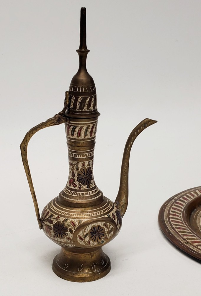 Vintage 6 pc Middle Eastern Turkish style solid brass coffee or tea pitcher cups