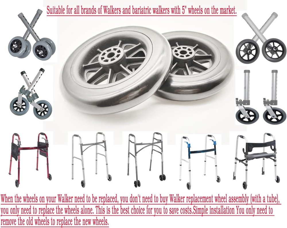 Universal Walker replacement wheels,5”Caster Wheels,Axle 5 inches, Black