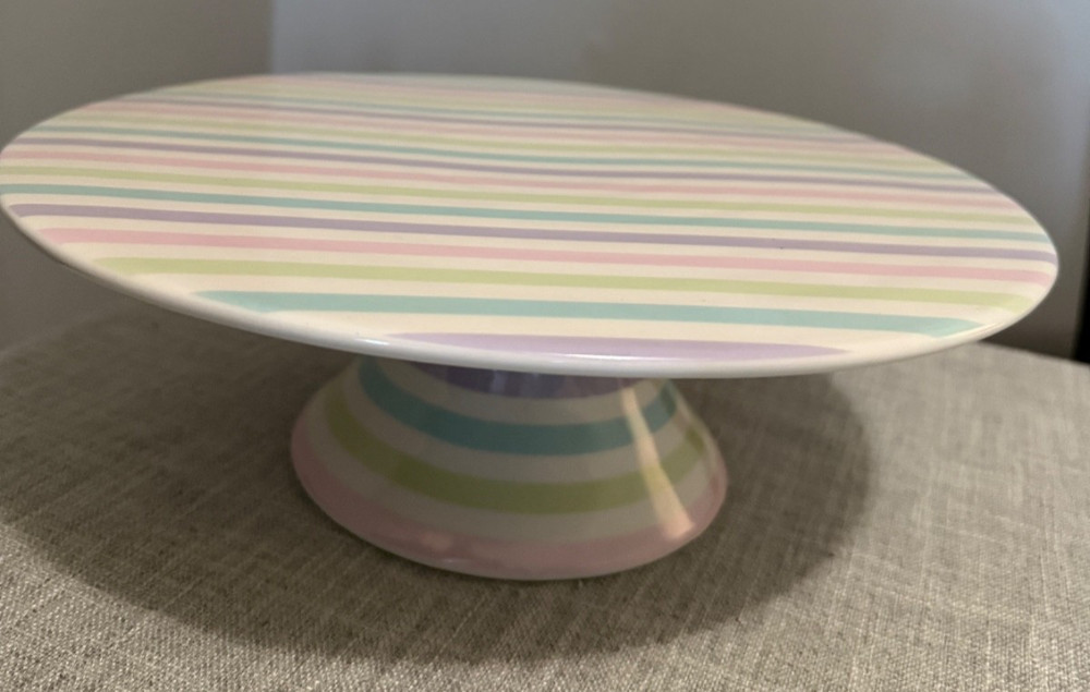 🎂 N D Exclusive Pastel Striped Ceramic Cake Stand • 12" Tall • Spring/Easter
