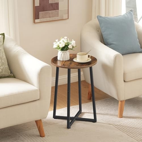 Side Table, Round End Accent Table with Sturdy Metal 1 Rustic Brown + Black