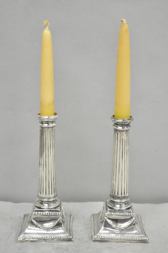 Vintage English Regency Silver Plated Classical Column Small Candlesticks - Pair