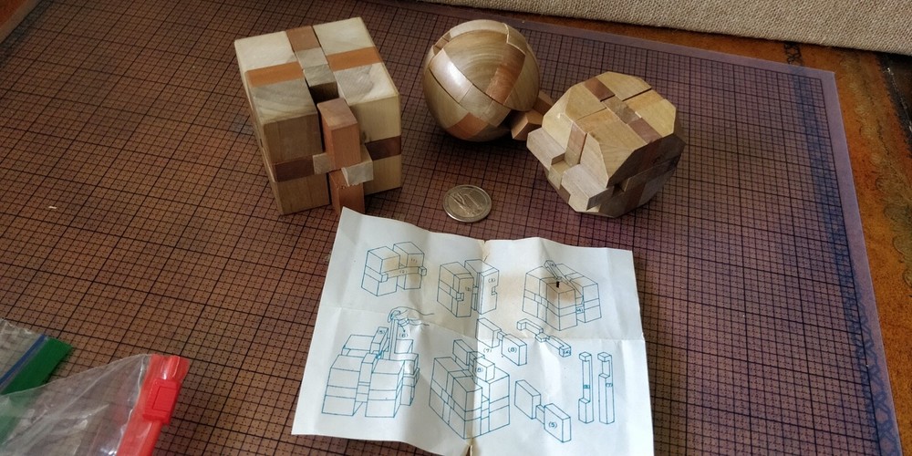 3 Wooden Puzzle Brain Teasers - Cube, Sphere, Rounded cube